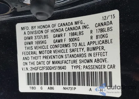 2016 Honda Civic Lx from USA, damaged, VIN 2HGFC2F50GH519640